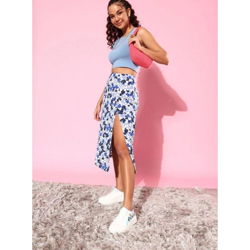 Amfyn Women's Polyester Floral Side Zip Skirt (Blue - White)