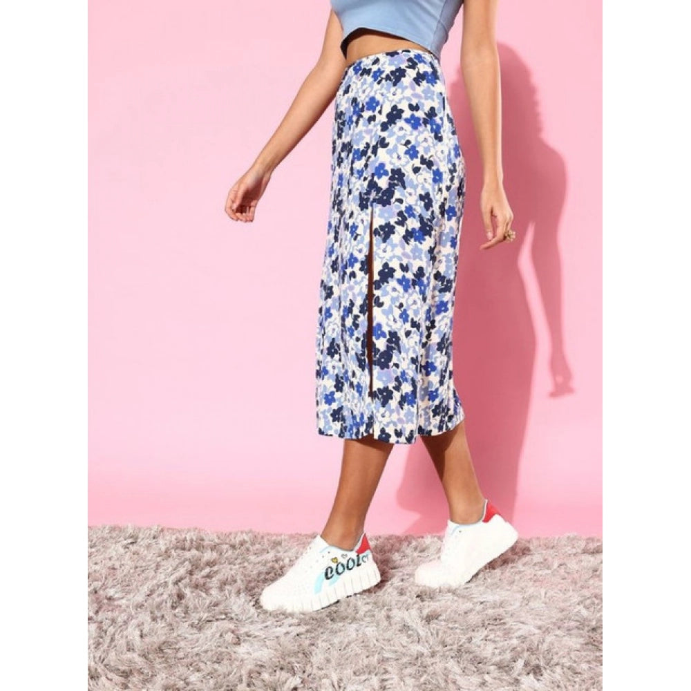 Amfyn Women's Polyester Floral Side Zip Skirt (Blue - White)