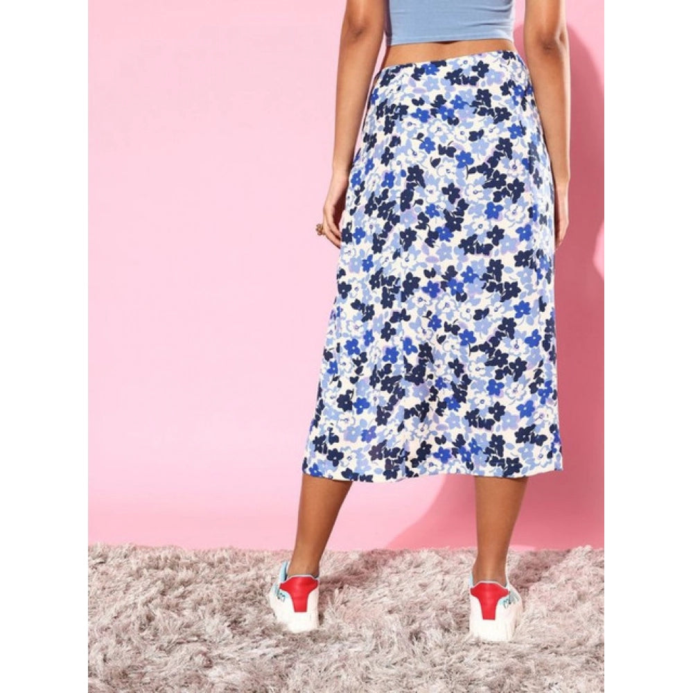 Amfyn Women's Polyester Floral Side Zip Skirt (Blue - White)