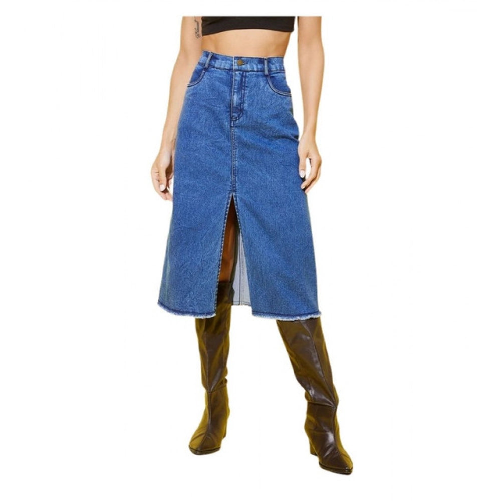 Amfyn Women's Denim Solid Buttoned Skirt (Blue)