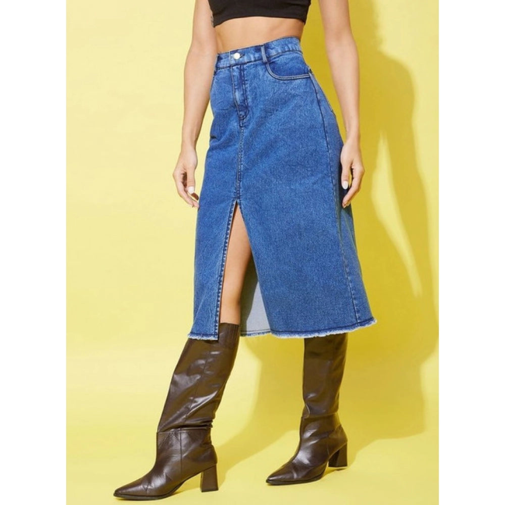 Amfyn Women's Denim Solid Buttoned Skirt (Blue)
