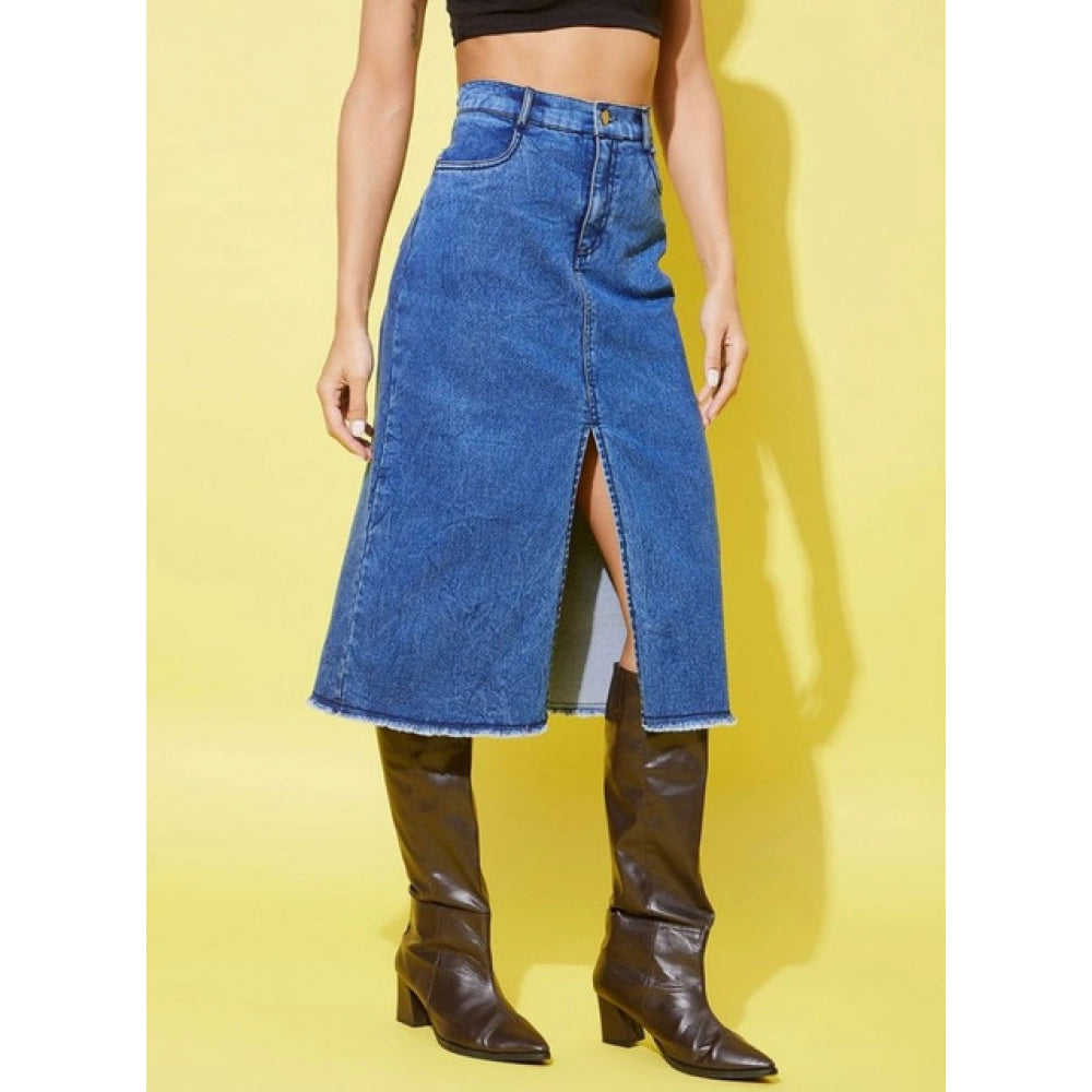 Amfyn Women's Denim Solid Buttoned Skirt (Blue)