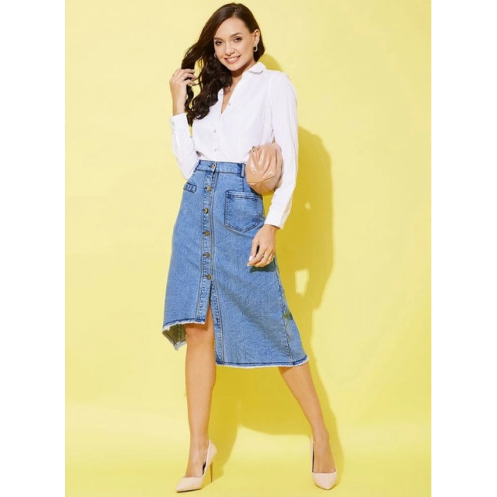 Amfyn Women's Denim Hi Lo Buttoned Skirt (Blue)