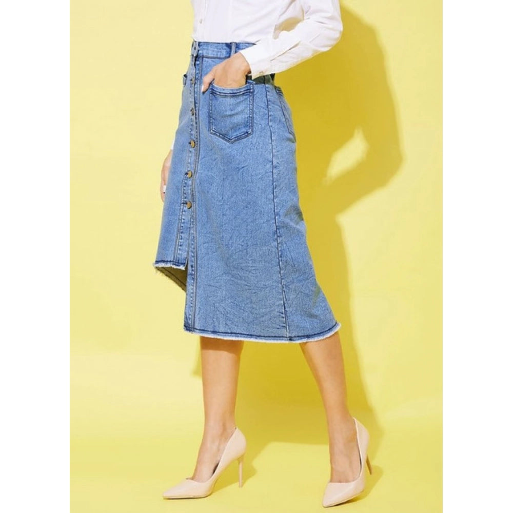 Amfyn Women's Denim Hi Lo Buttoned Skirt (Blue)