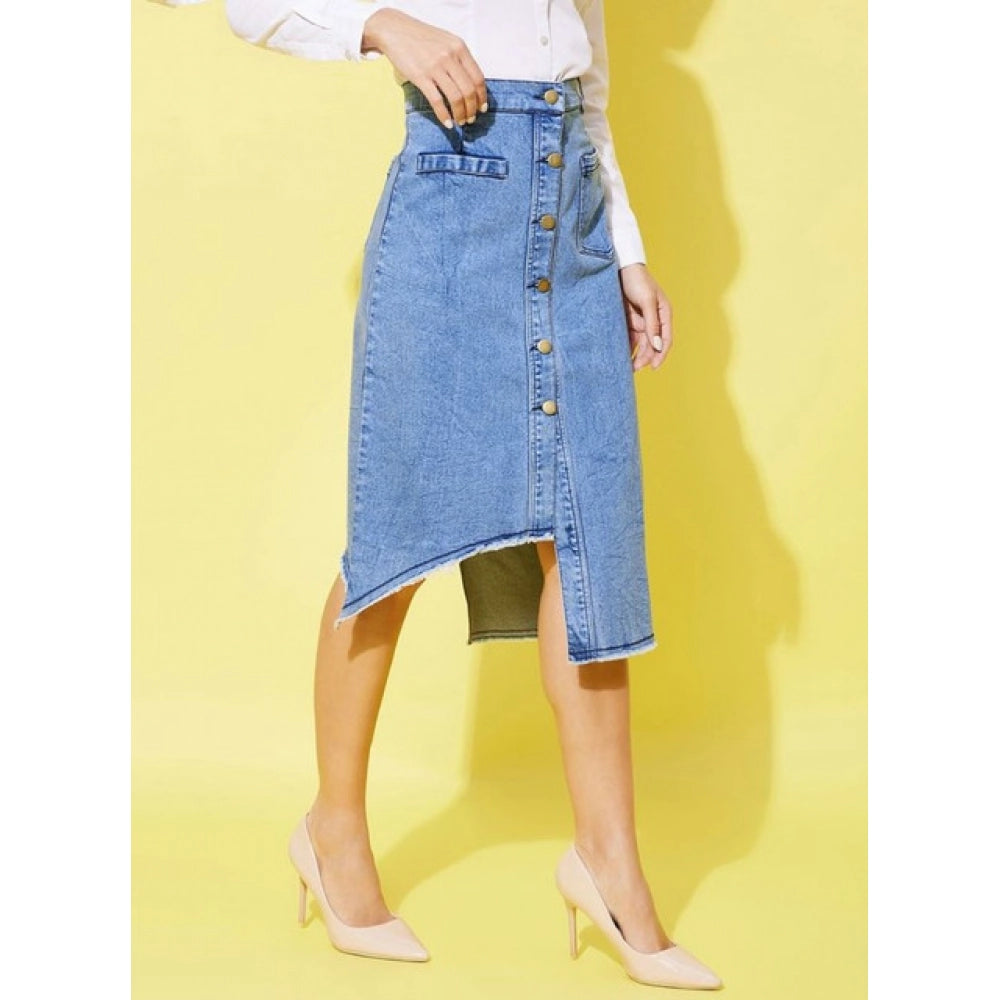 Amfyn Women's Denim Hi Lo Buttoned Skirt (Blue)