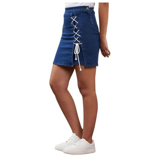 Amfyn Women's Denim Lycra Solid Button Skirt (Blue)