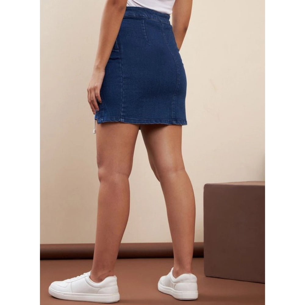 Amfyn Women's Denim Lycra Solid Button Skirt (Blue)