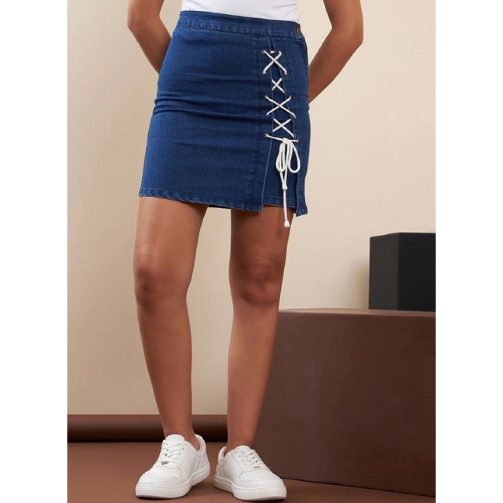 Amfyn Women's Denim Lycra Solid Button Skirt (Blue)