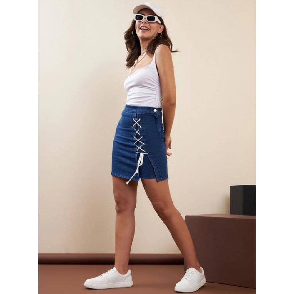 Amfyn Women's Denim Lycra Solid Button Skirt (Blue)