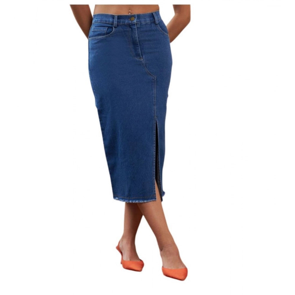 Amfyn Women's Denim Lycra Solid Button Skirt (Blue)