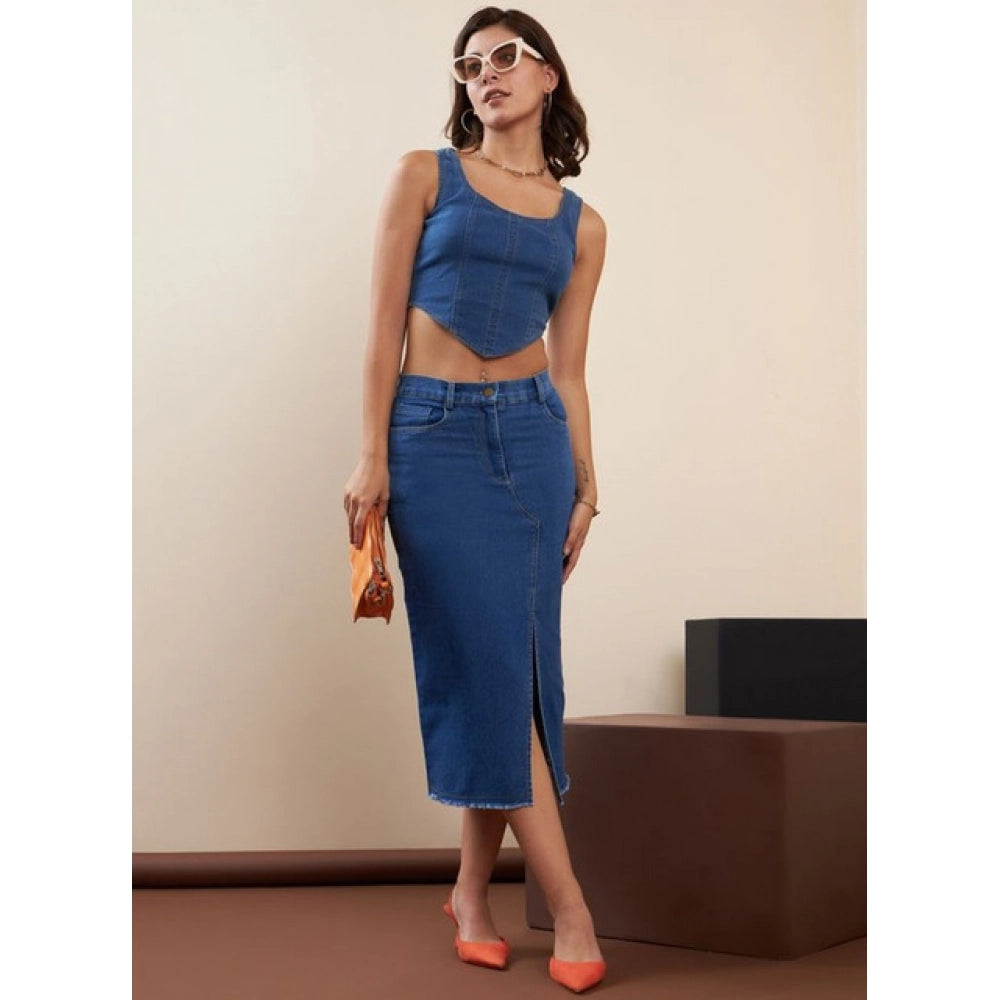 Amfyn Women's Denim Lycra Solid Button Skirt (Blue)