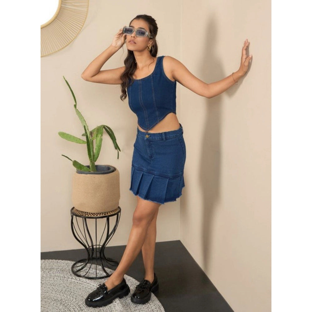 Amfyn Women's Denim Washed Buttoned Skirt (Blue)