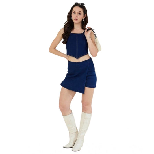 Amfyn Women's Denim Lycra Solid Zip Closure Skorts (Navy)