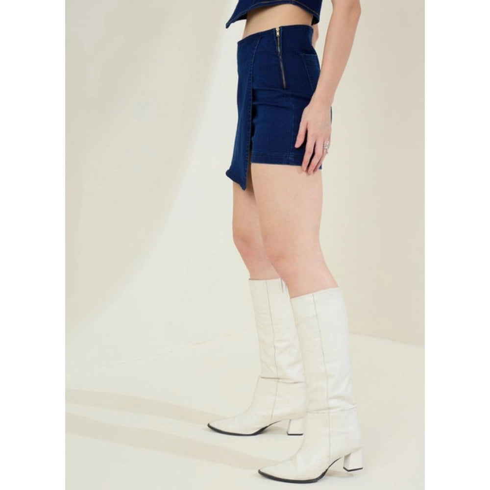 Amfyn Women's Denim Lycra Solid Zip Closure Skorts (Navy)