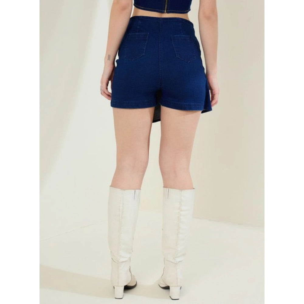 Amfyn Women's Denim Lycra Solid Zip Closure Skorts (Navy)