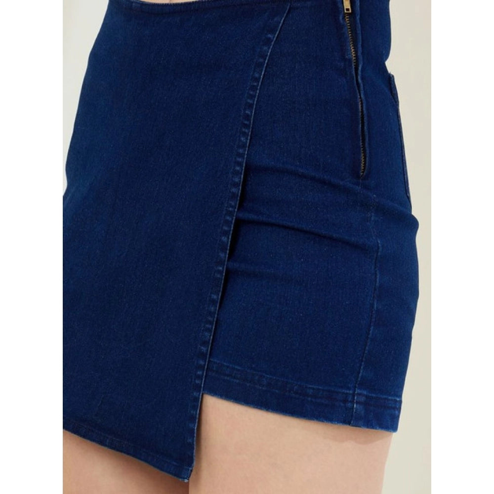 Amfyn Women's Denim Lycra Solid Zip Closure Skorts (Navy)