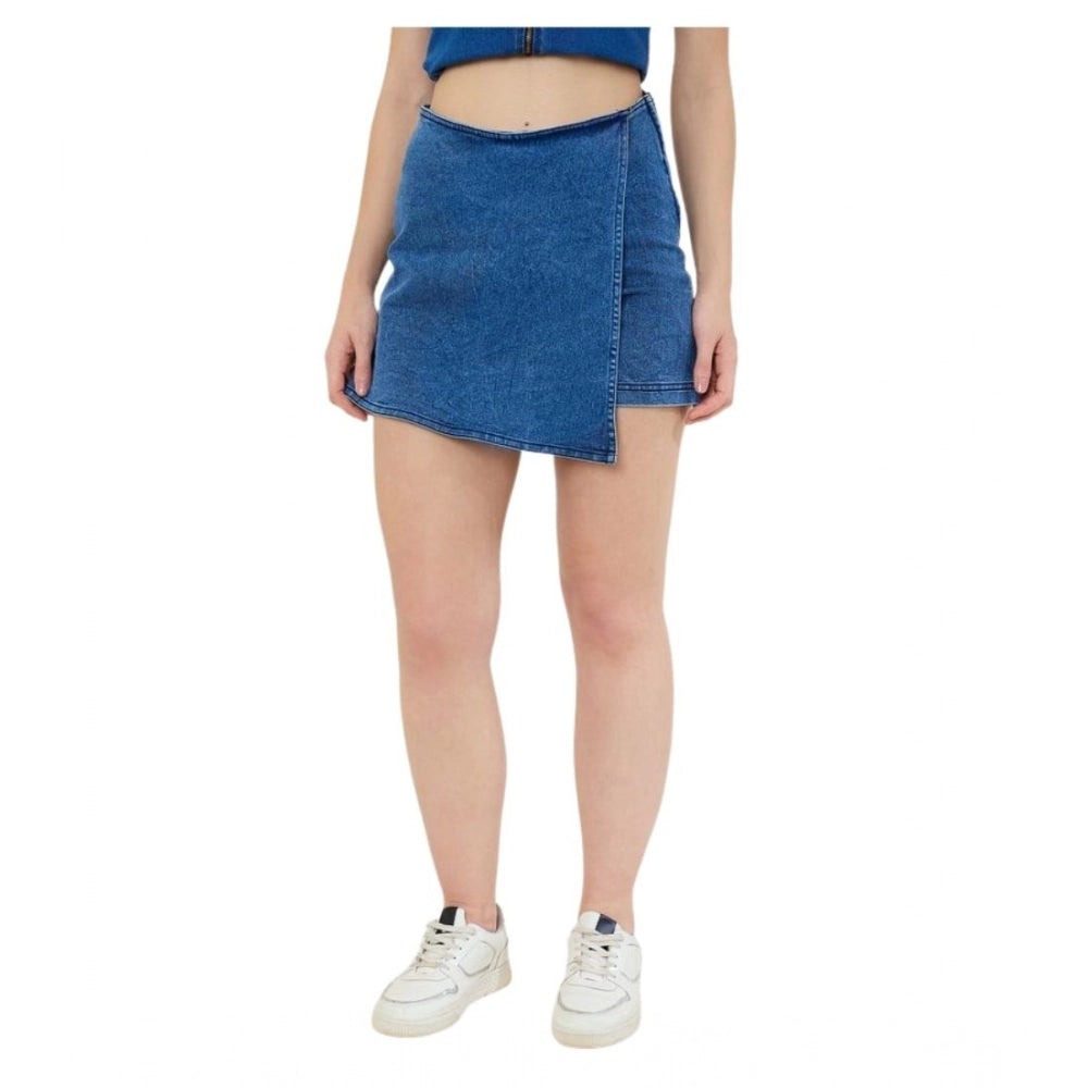 Amfyn Women's Denim Lycra Solid Zip Closure Skorts (Blue)