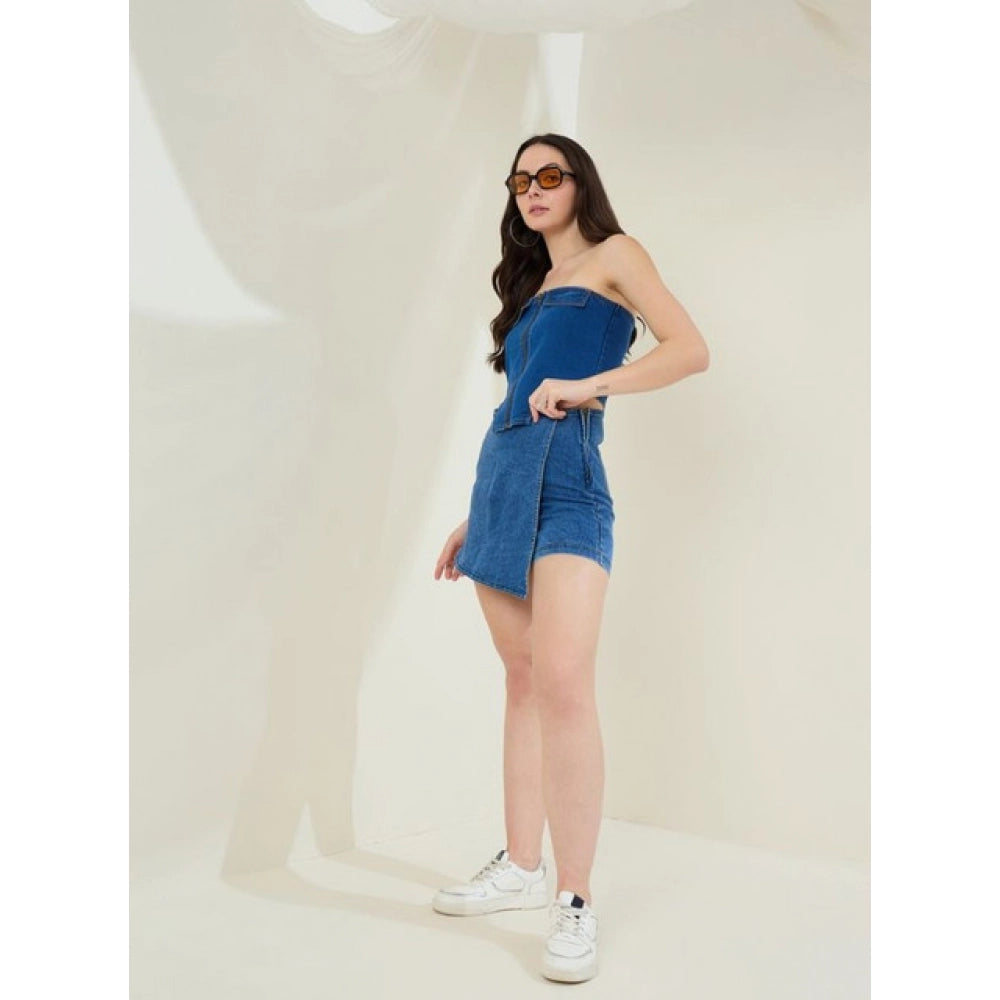 Amfyn Women's Denim Lycra Solid Zip Closure Skorts (Blue)