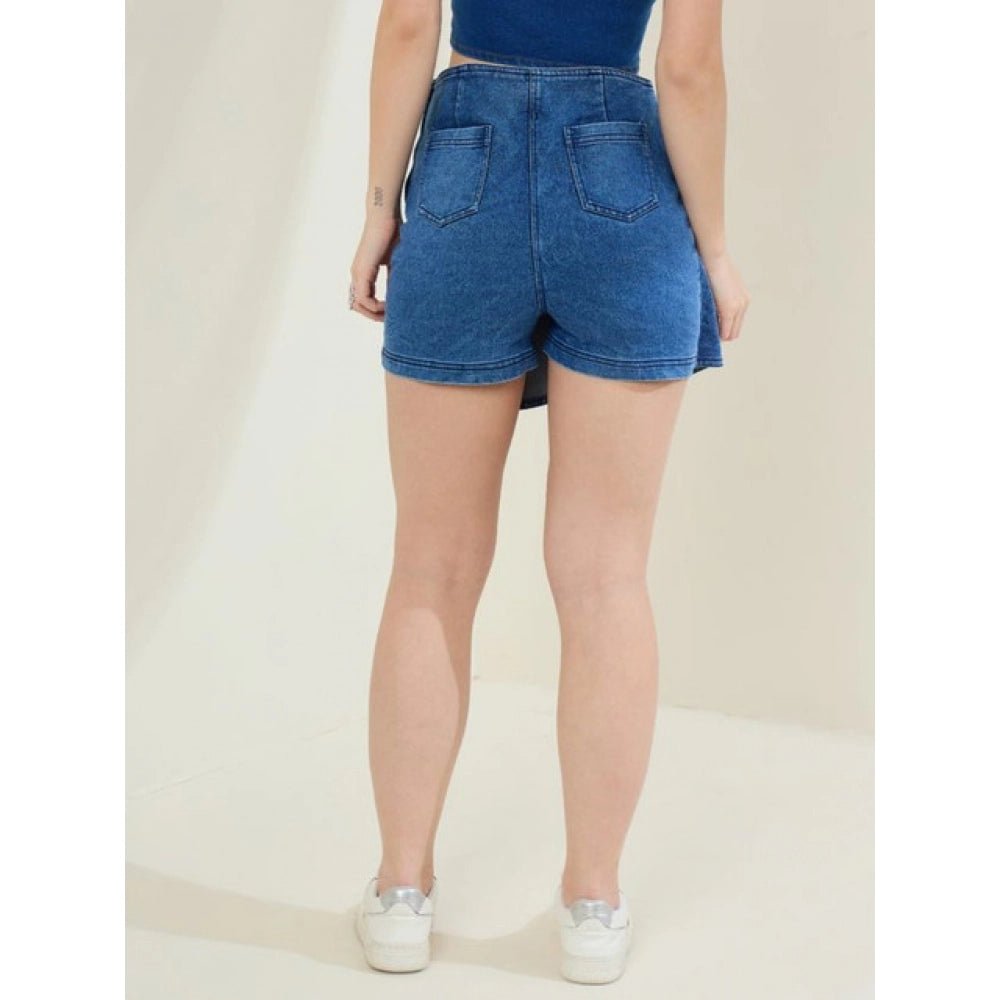Amfyn Women's Denim Lycra Solid Zip Closure Skorts (Blue)