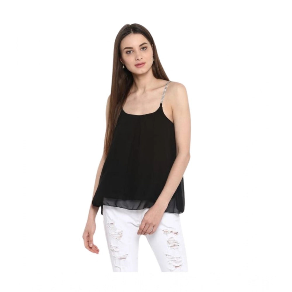 Amfyn Women's Polyester Embellished Shoulder Straps Top (Black)