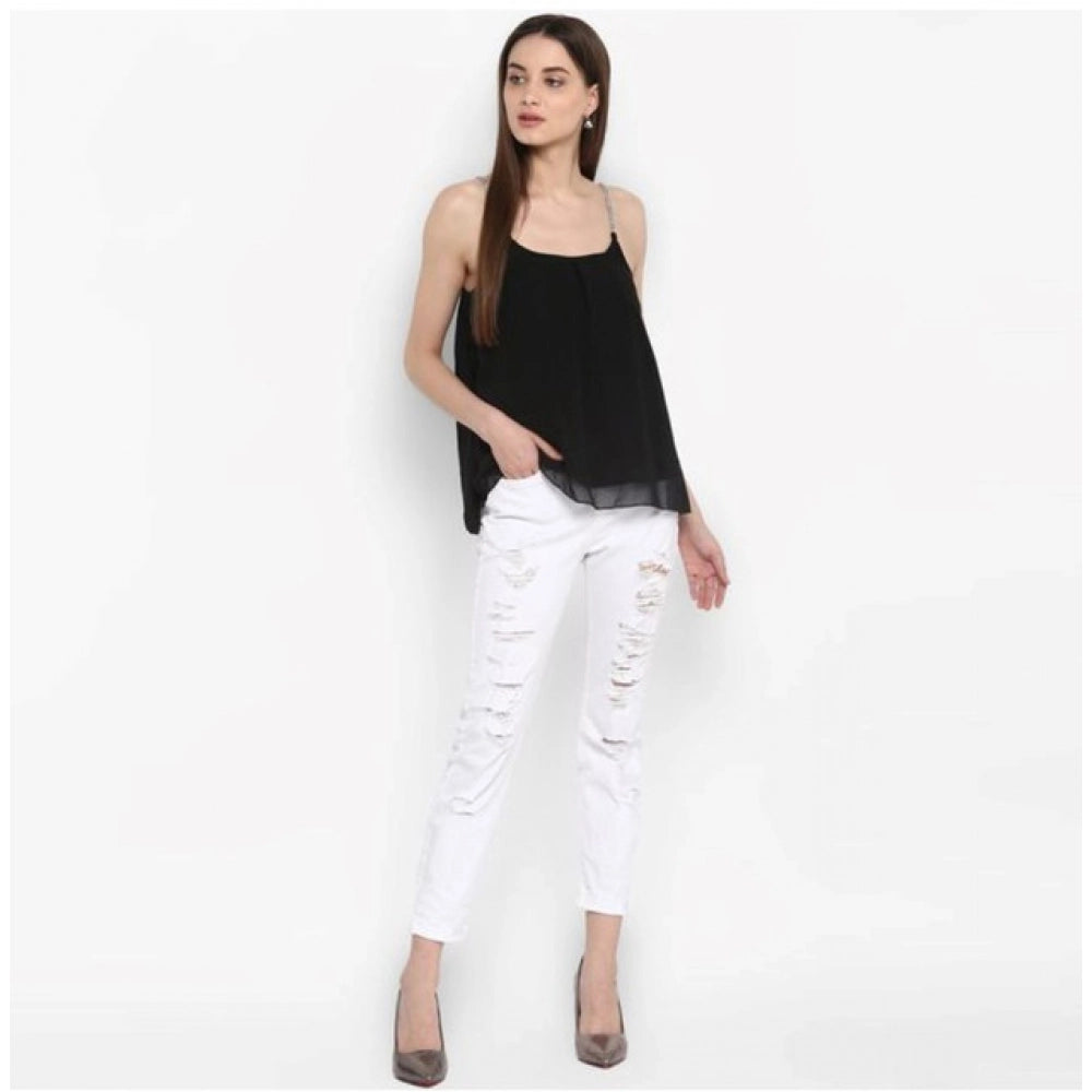 Amfyn Women's Polyester Embellished Shoulder Straps Top (Black)