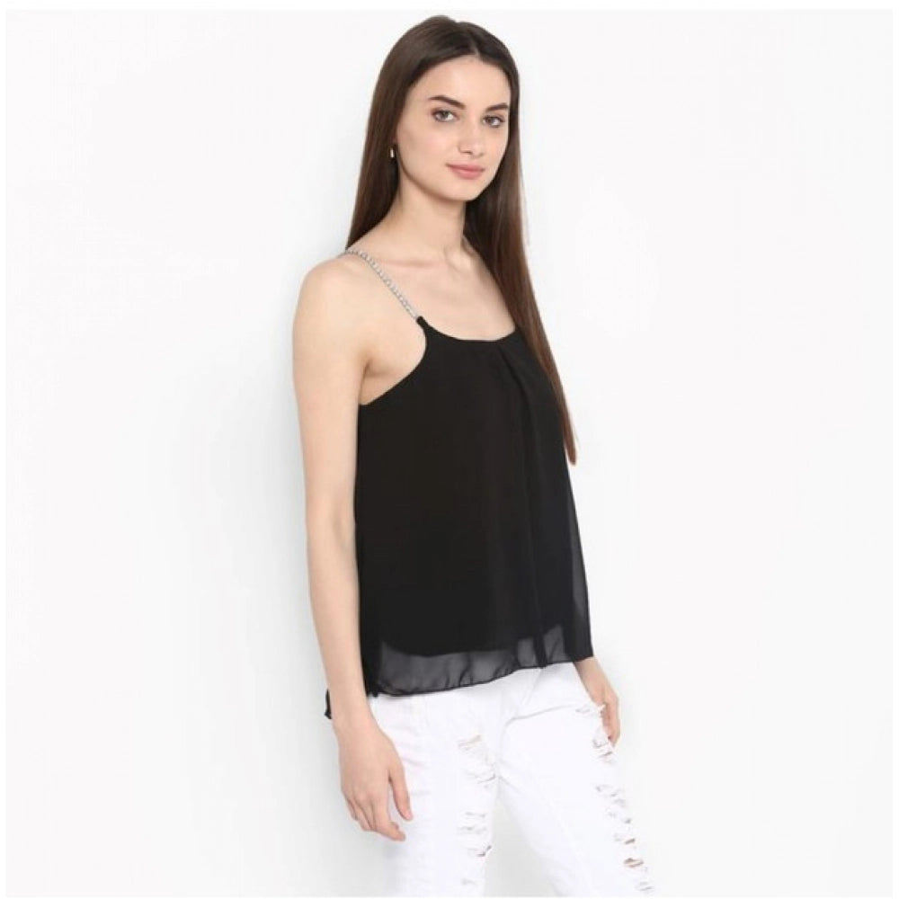 Amfyn Women's Polyester Embellished Shoulder Straps Top (Black)