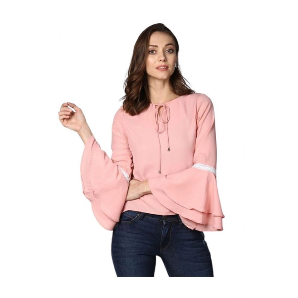 Amfyn Women's Polyester Solid Bell Sleeve Top (Pink)