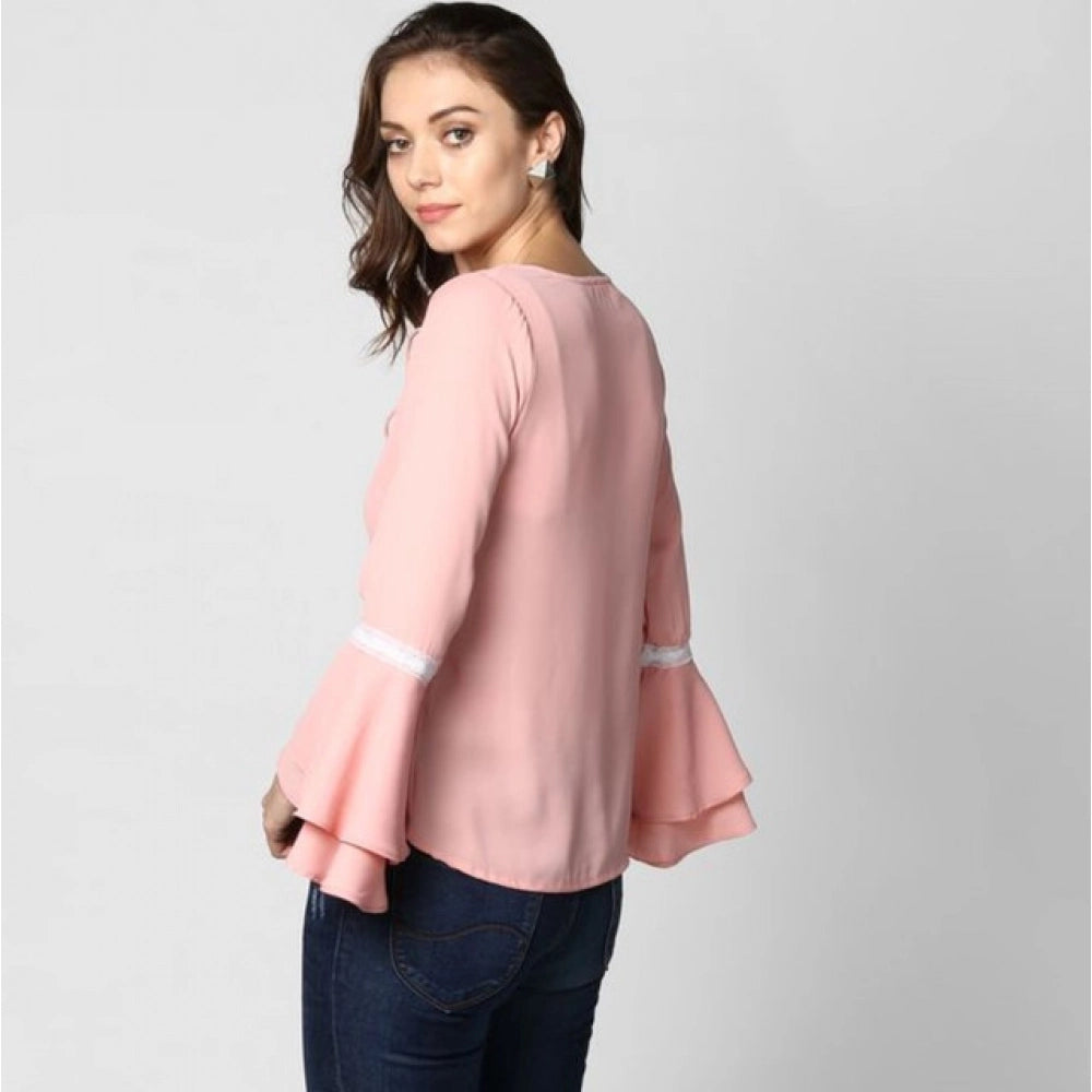 Amfyn Women's Polyester Solid Bell Sleeve Top (Pink)