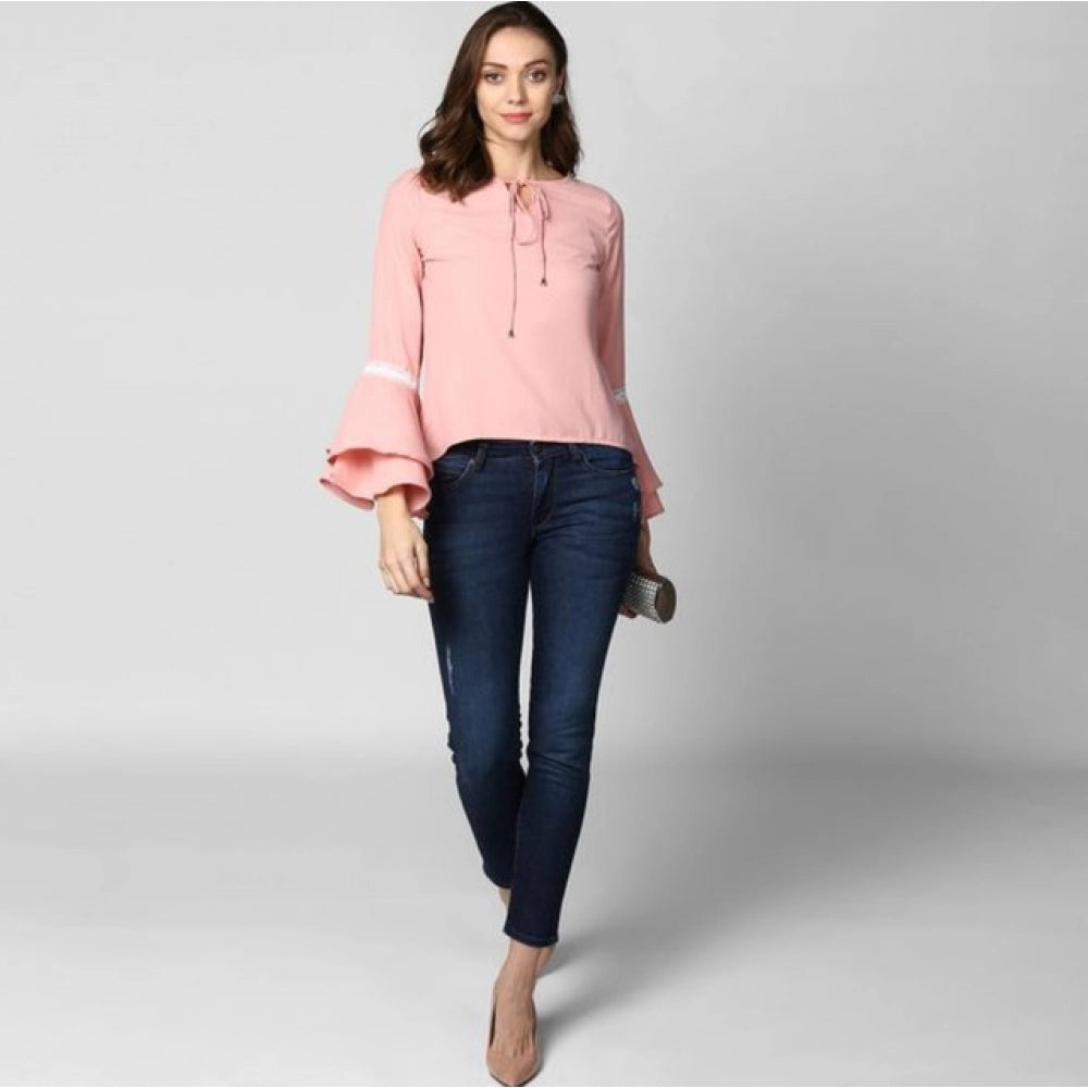 Amfyn Women's Polyester Solid Bell Sleeve Top (Pink)