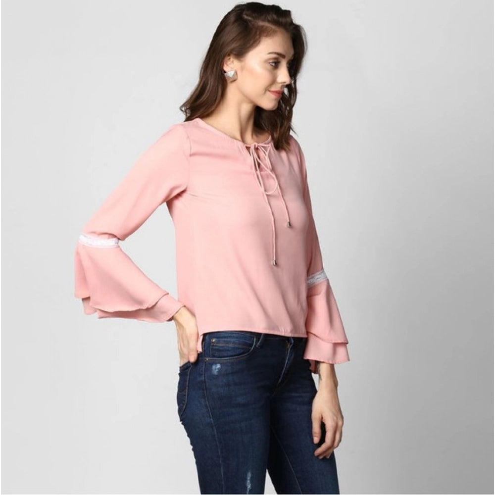 Amfyn Women's Polyester Solid Bell Sleeve Top (Pink)