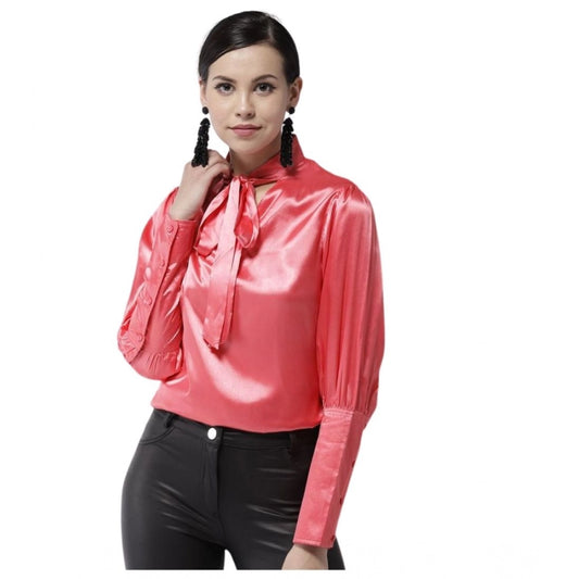 Amfyn Women's Polyester Solid Long Sleeves Top (Coral)