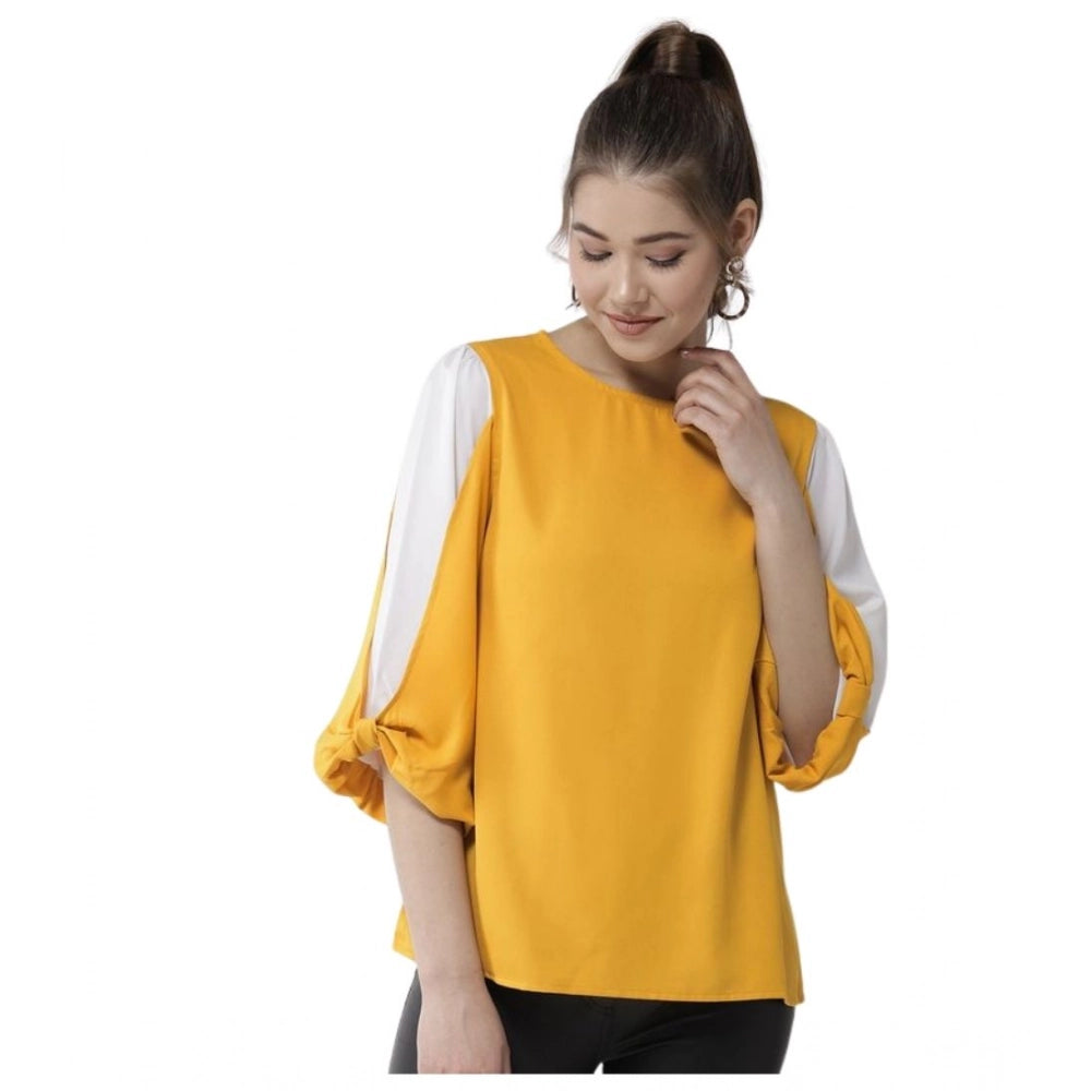 Amfyn Women's Polyester Colour Block Slit Sleeve Top (Yellow-White)