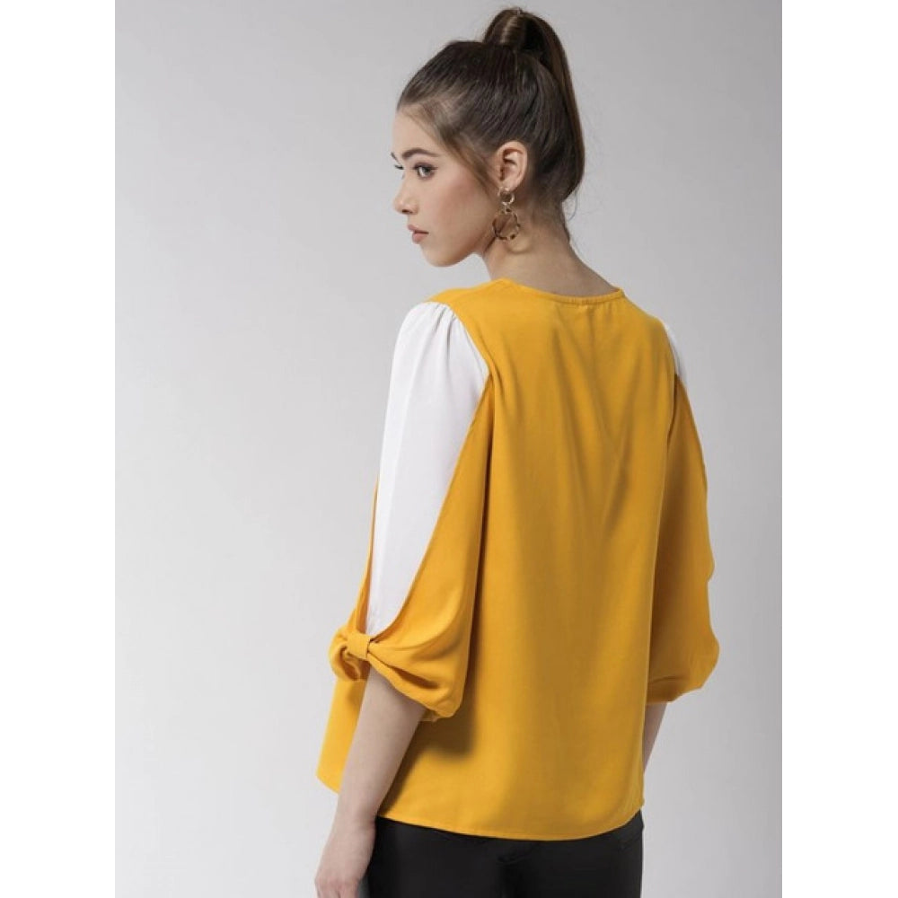 Amfyn Women's Polyester Colour Block Slit Sleeve Top (Yellow-White)