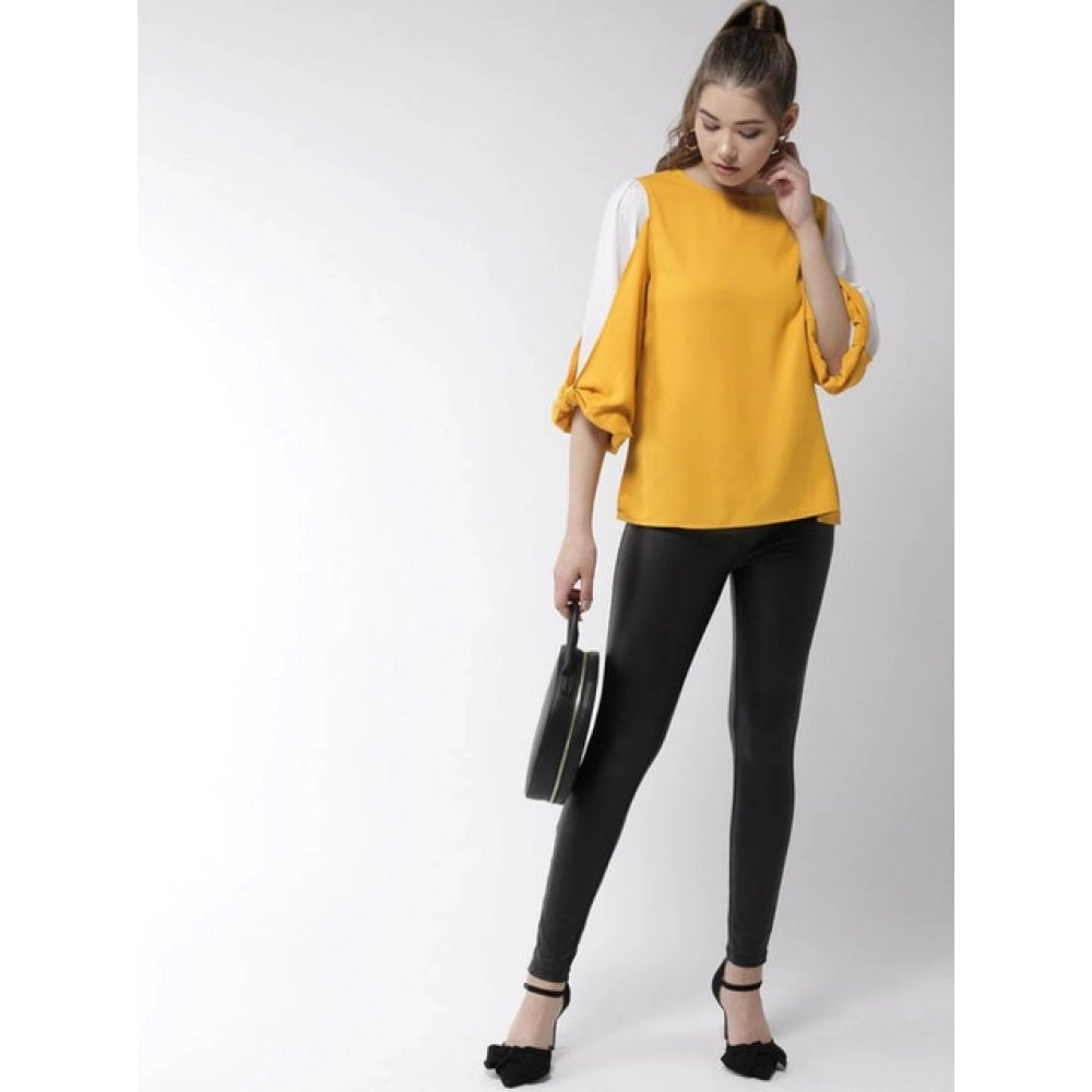 Amfyn Women's Polyester Colour Block Slit Sleeve Top (Yellow-White)
