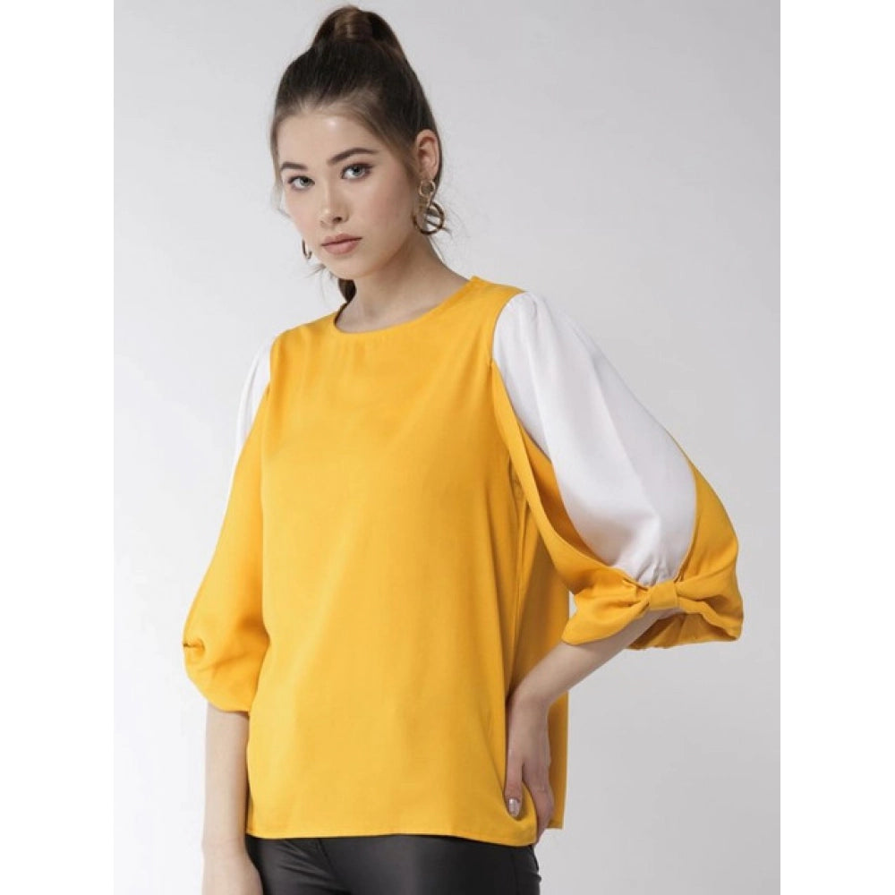 Amfyn Women's Polyester Colour Block Slit Sleeve Top (Yellow-White)