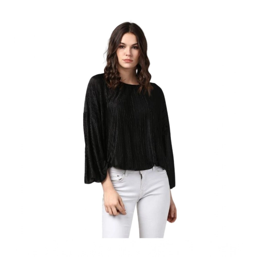 Amfyn Women's Polyester Pleated Balloon Sleeve Top (Black)
