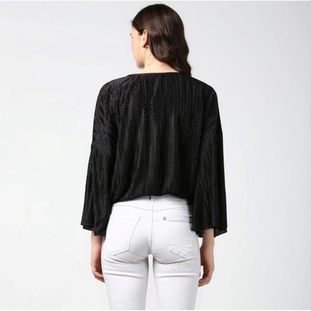 Amfyn Women's Polyester Pleated Balloon Sleeve Top (Black)