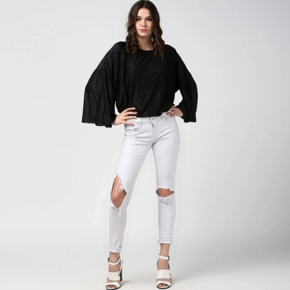Amfyn Women's Polyester Pleated Balloon Sleeve Top (Black)