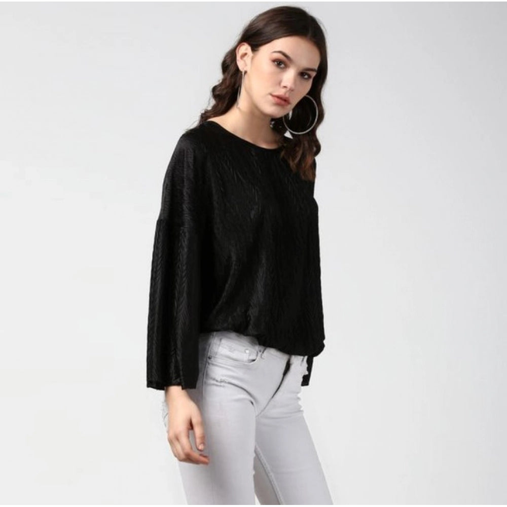 Amfyn Women's Polyester Pleated Balloon Sleeve Top (Black)