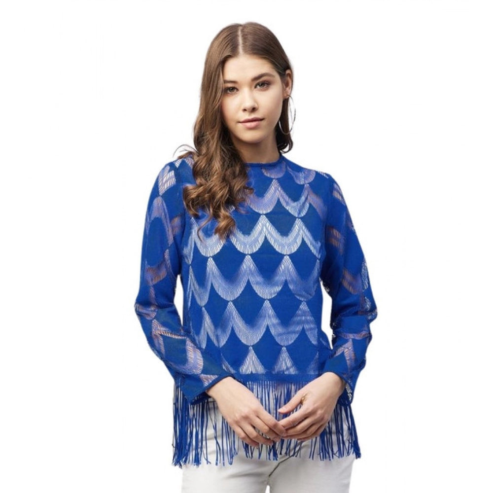 Amfyn Women's Lace Self Design Long Sleeves Top (Blue)