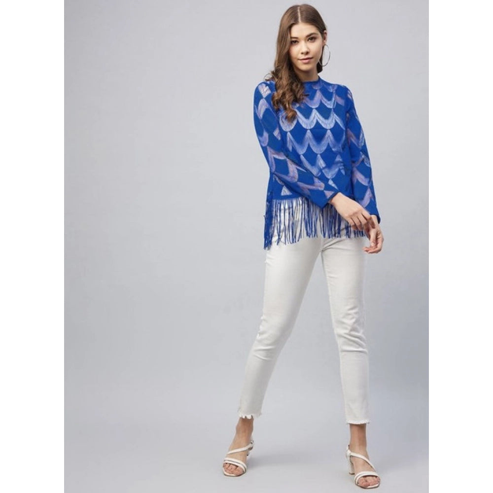 Amfyn Women's Lace Self Design Long Sleeves Top (Blue)