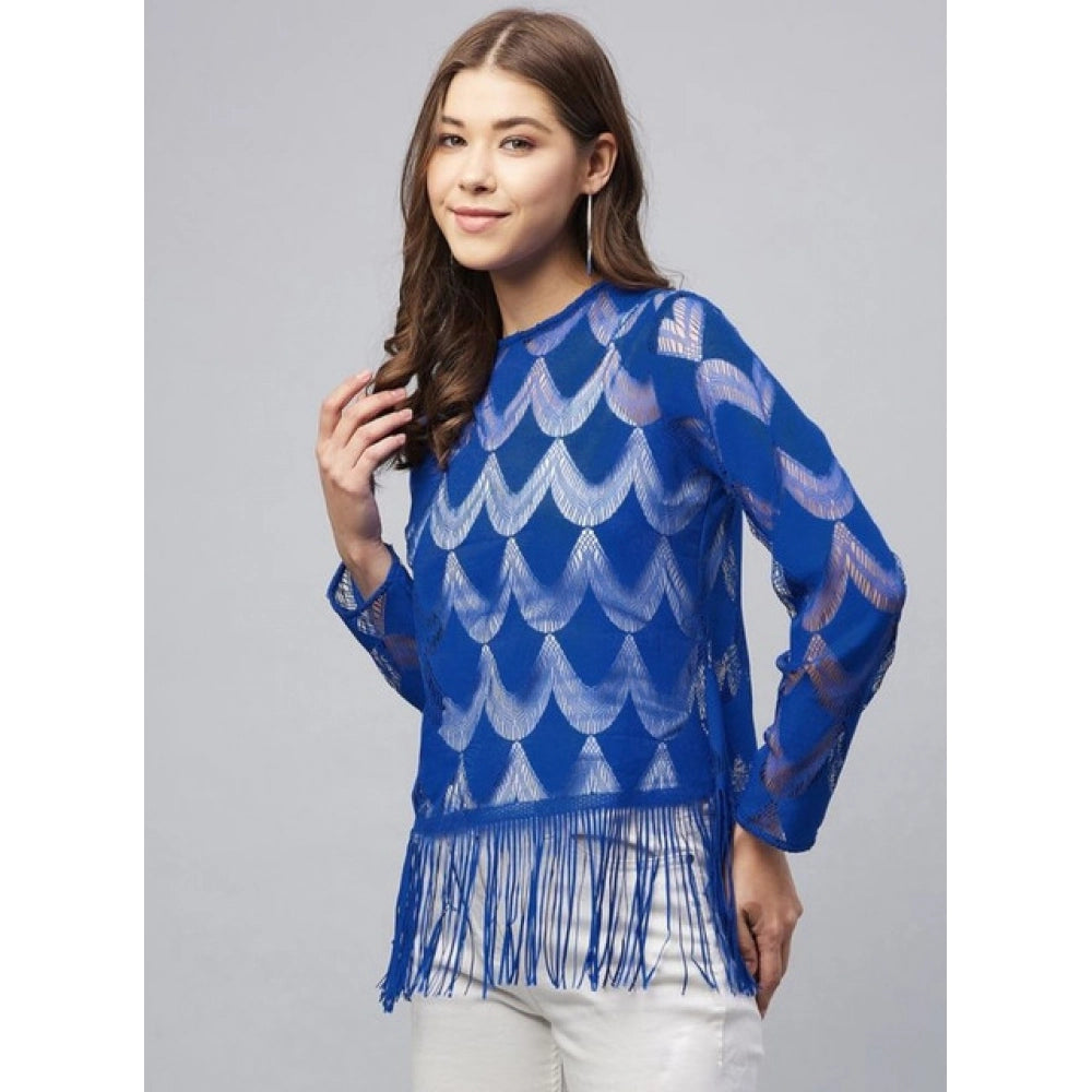 Amfyn Women's Lace Self Design Long Sleeves Top (Blue)