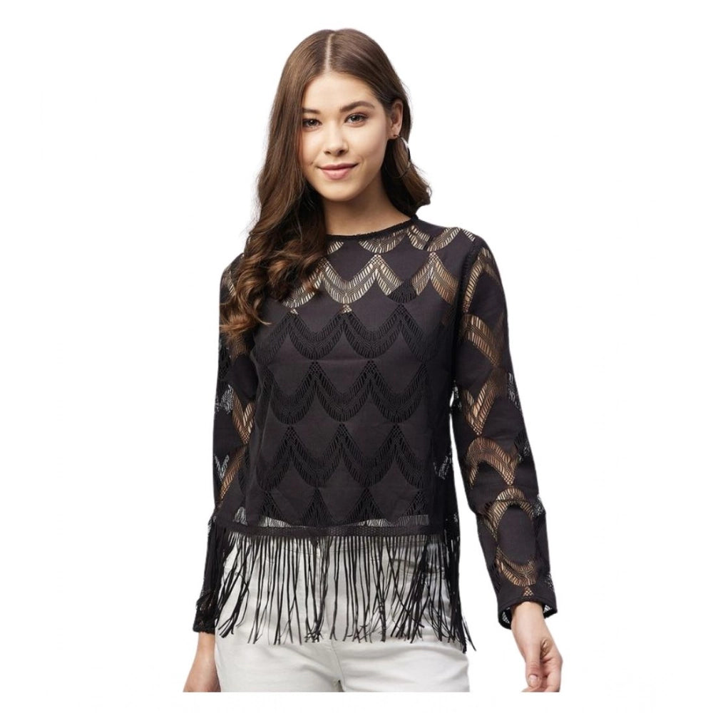 Amfyn Women's Lace Self Design Short Sleeve Top (Black)