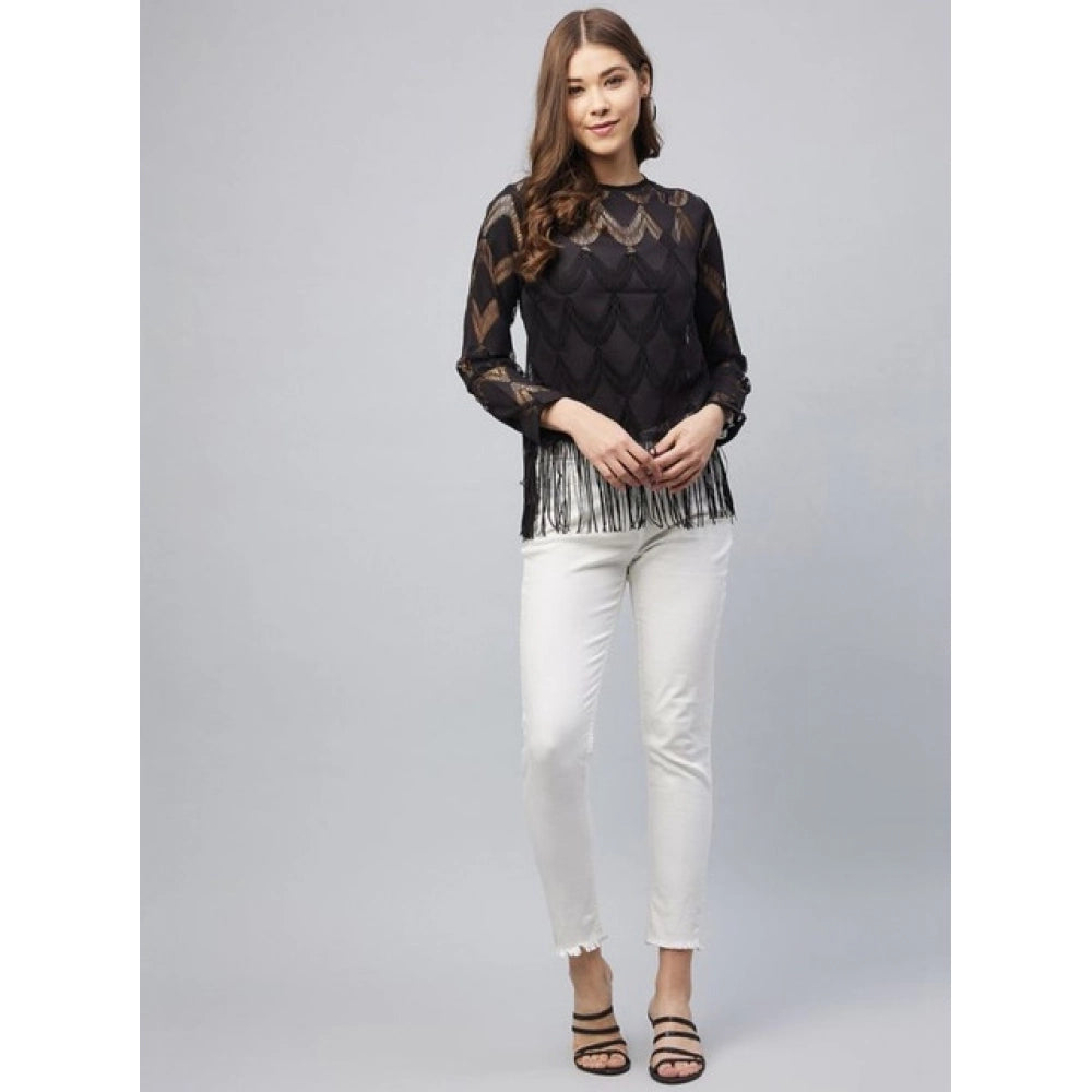 Amfyn Women's Lace Self Design Short Sleeve Top (Black)