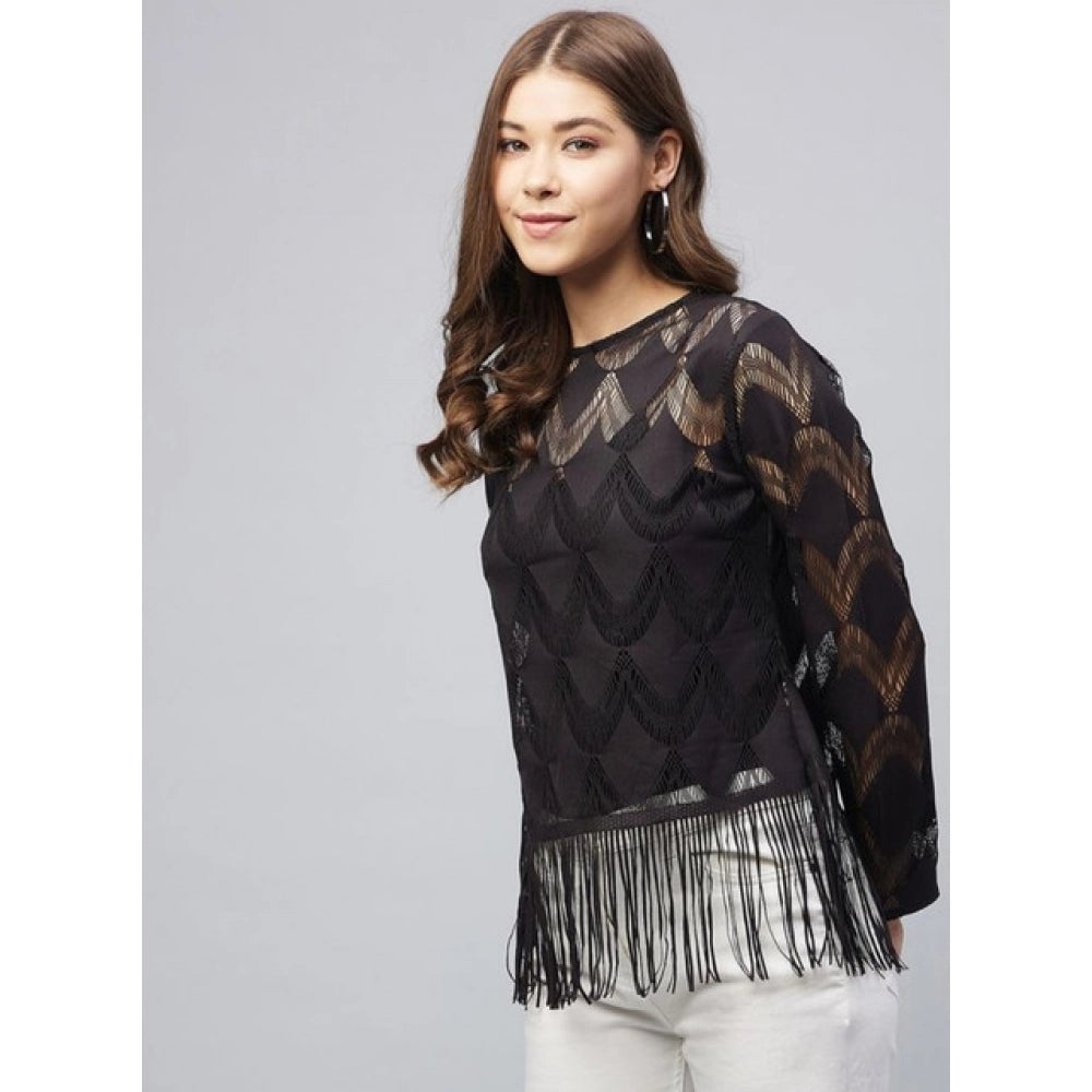 Amfyn Women's Lace Self Design Short Sleeve Top (Black)