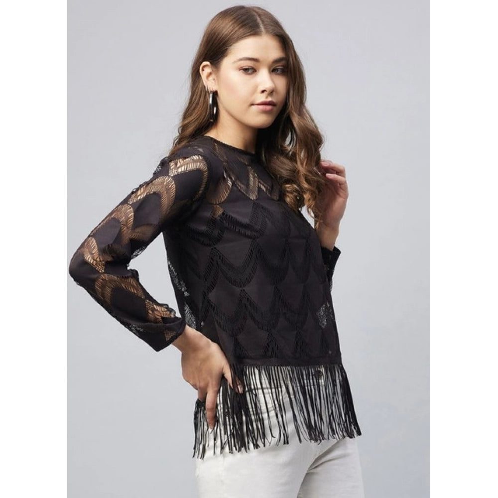 Amfyn Women's Lace Self Design Short Sleeve Top (Black)