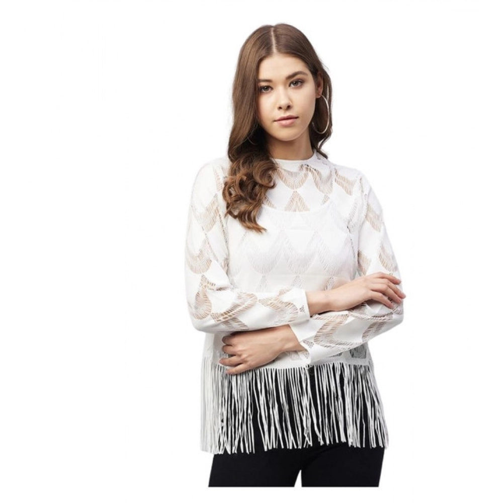 Amfyn Women's Lace Self Design Short Sleeve Top (White)