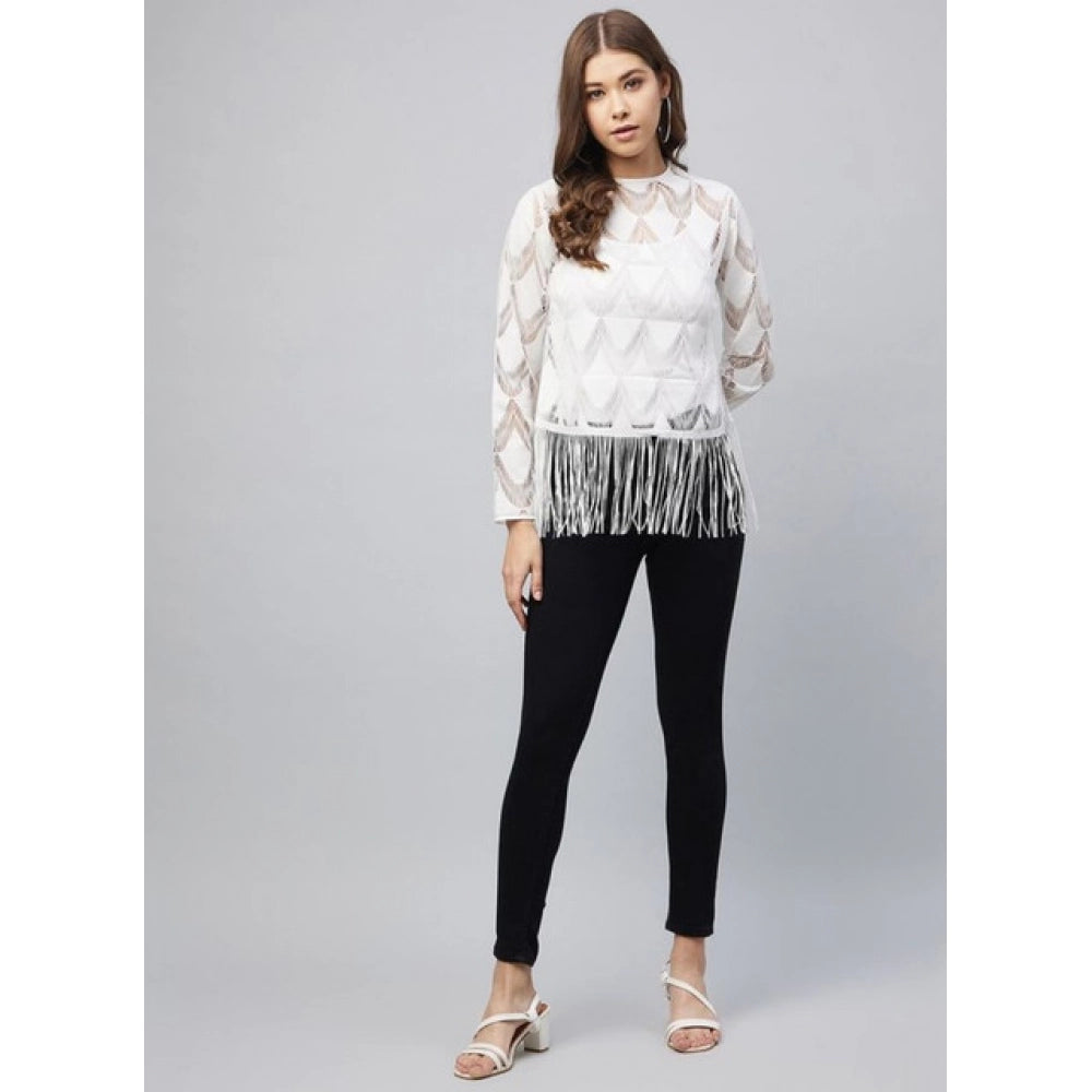 Amfyn Women's Lace Self Design Short Sleeve Top (White)