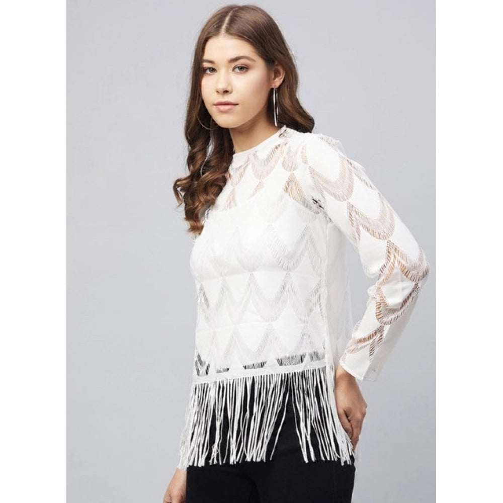 Amfyn Women's Lace Self Design Short Sleeve Top (White)