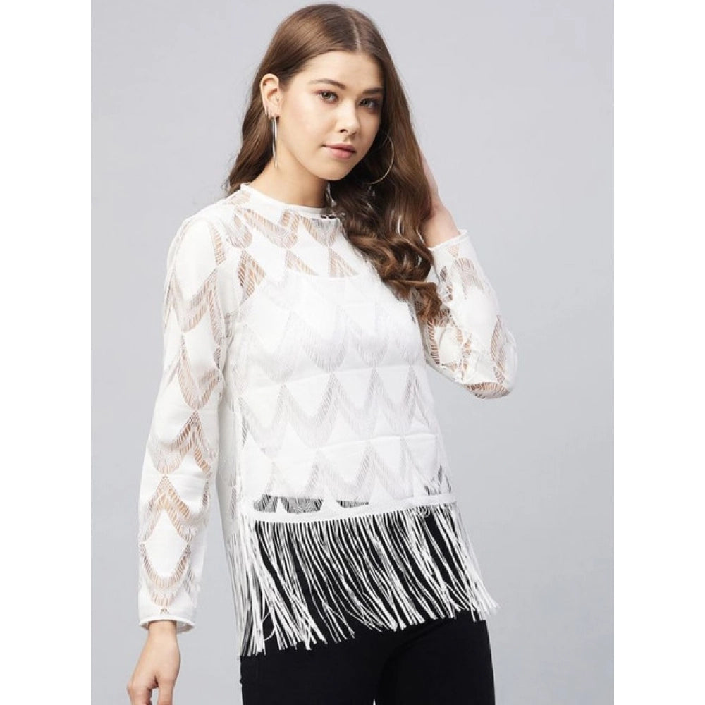 Amfyn Women's Lace Self Design Short Sleeve Top (White)